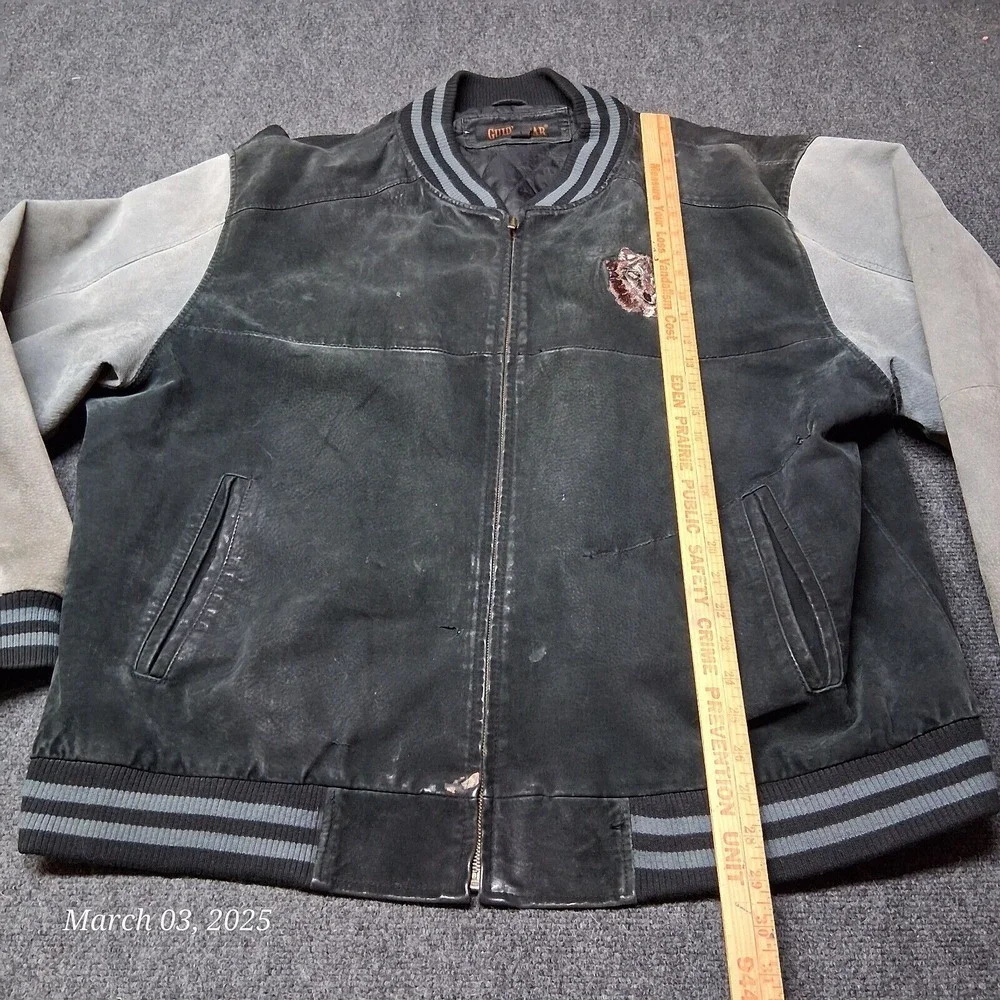 ** VTG Guide Gear Leather Stadium Jacket Wold Embroidered Size XXL Black Gray - Picture 6 of 12
